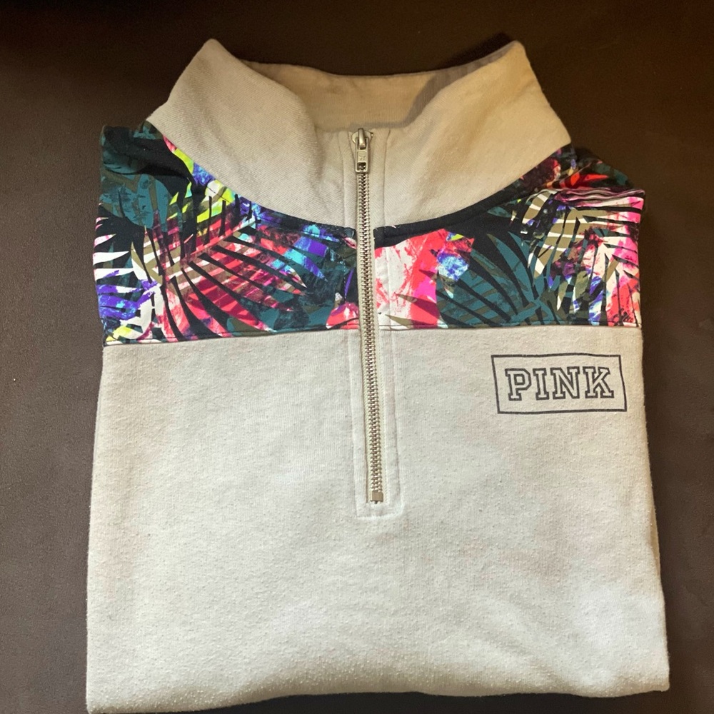 Women's Victoria’s Secret Pink Quarter Zip - Grey w/ Tropical Print